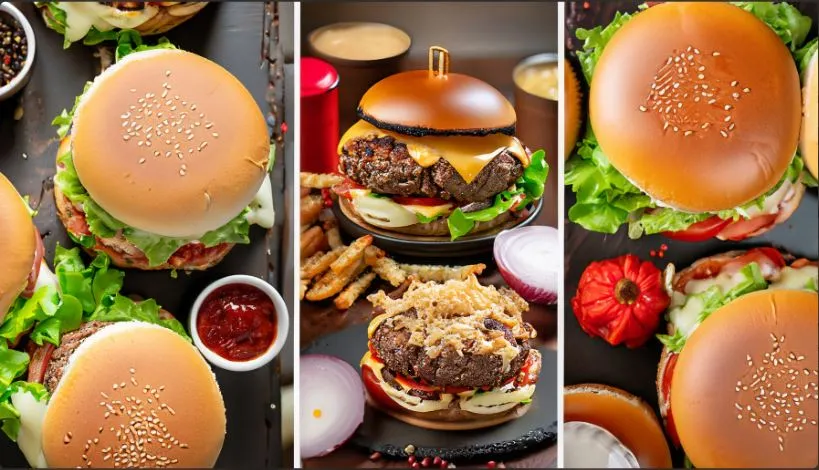A collage of various Oklahoma Onion Smashburgers with different toppings and condiments showcasing the versatility of this mouthwatering dish