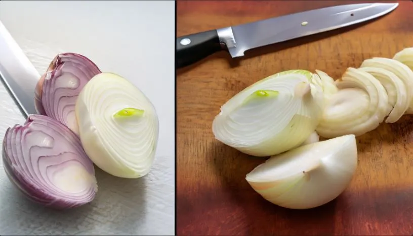 A Side By Side Image Showing Onions Sliced Using A Mandoline On The Left And A Knife On The Right