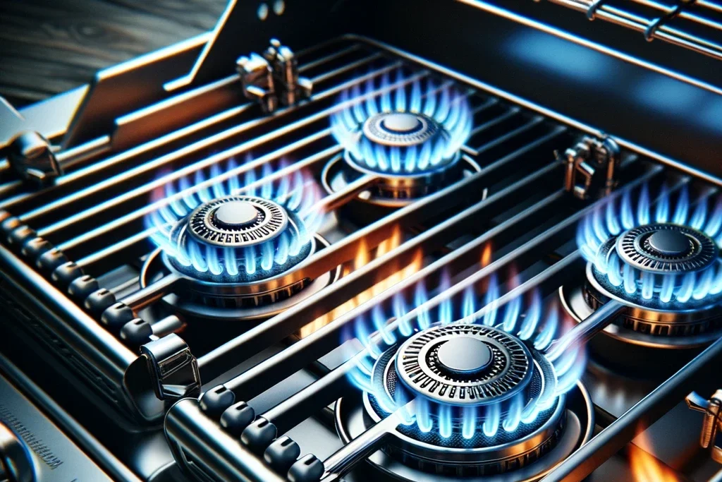 Burners Of A Gas Grill. The Grill Is Open Revealing Its Burners Which Are Made Of Sturdy Metal And Emit A Strong Blue Flame. Th Edited