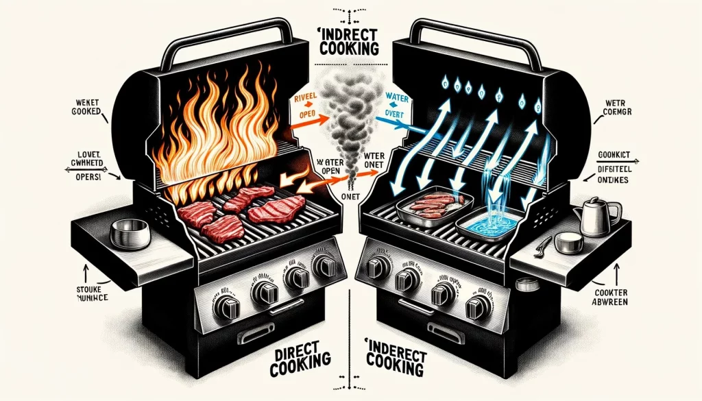 An Illustrated Comparison Image Showing Two Different Grilling Methods Direct Cooking And Indirect Cooking Inside A Grill. On The Left Direct