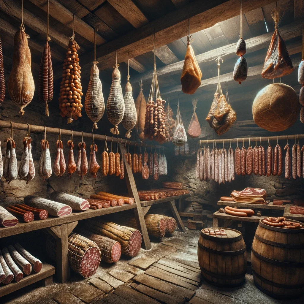 An Image Depicting Various Types Of Meats Hanging On Ropes In A Traditional Meat Curing Room. The Meats Include Salami Ham And Sausages Hanging Fro
