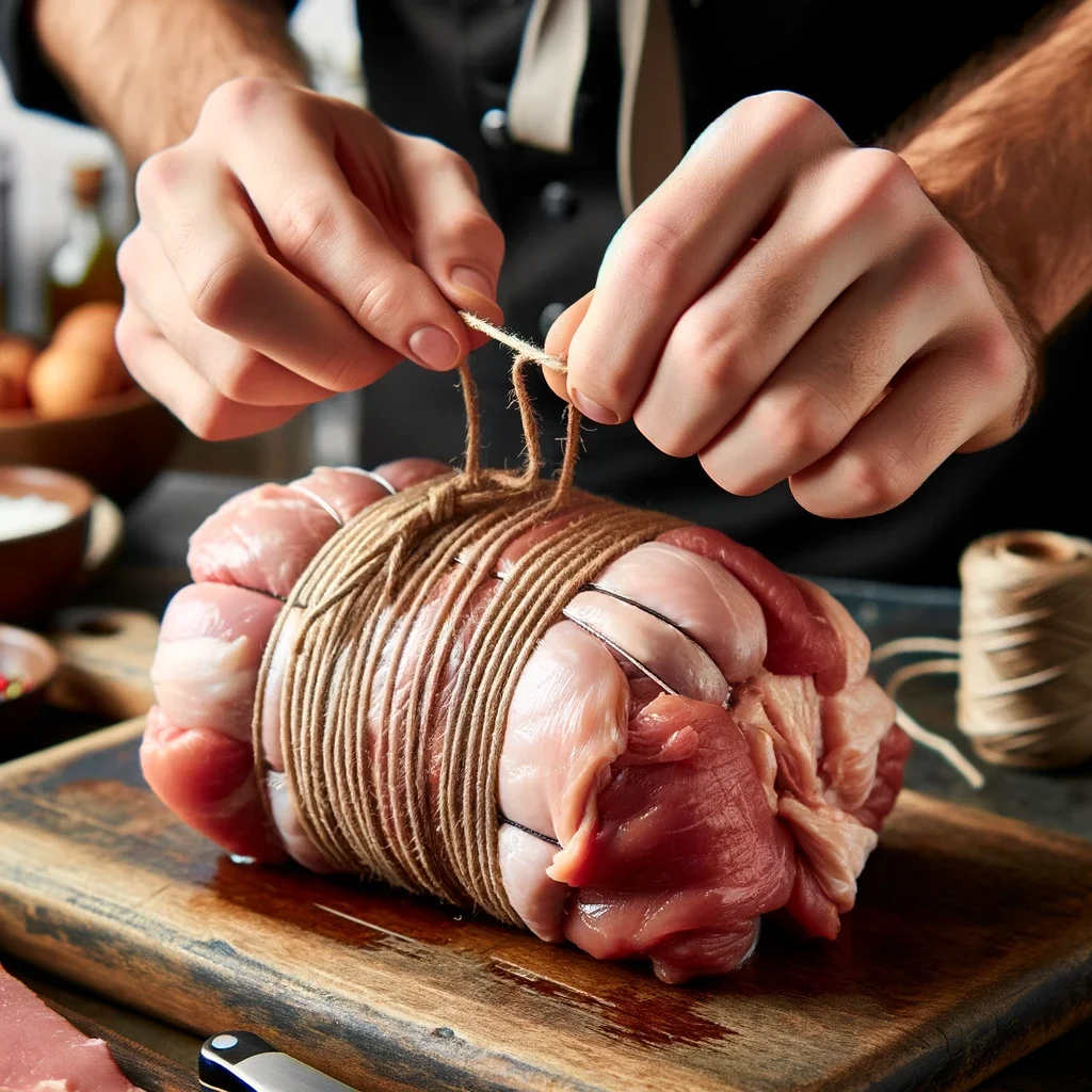 An Image Of A Chefs Hands Expertly Tying Or Trussing A Piece Of Meat With Butchers Twine. The Chef Is In The Process Of Securing The Meat To Maintai