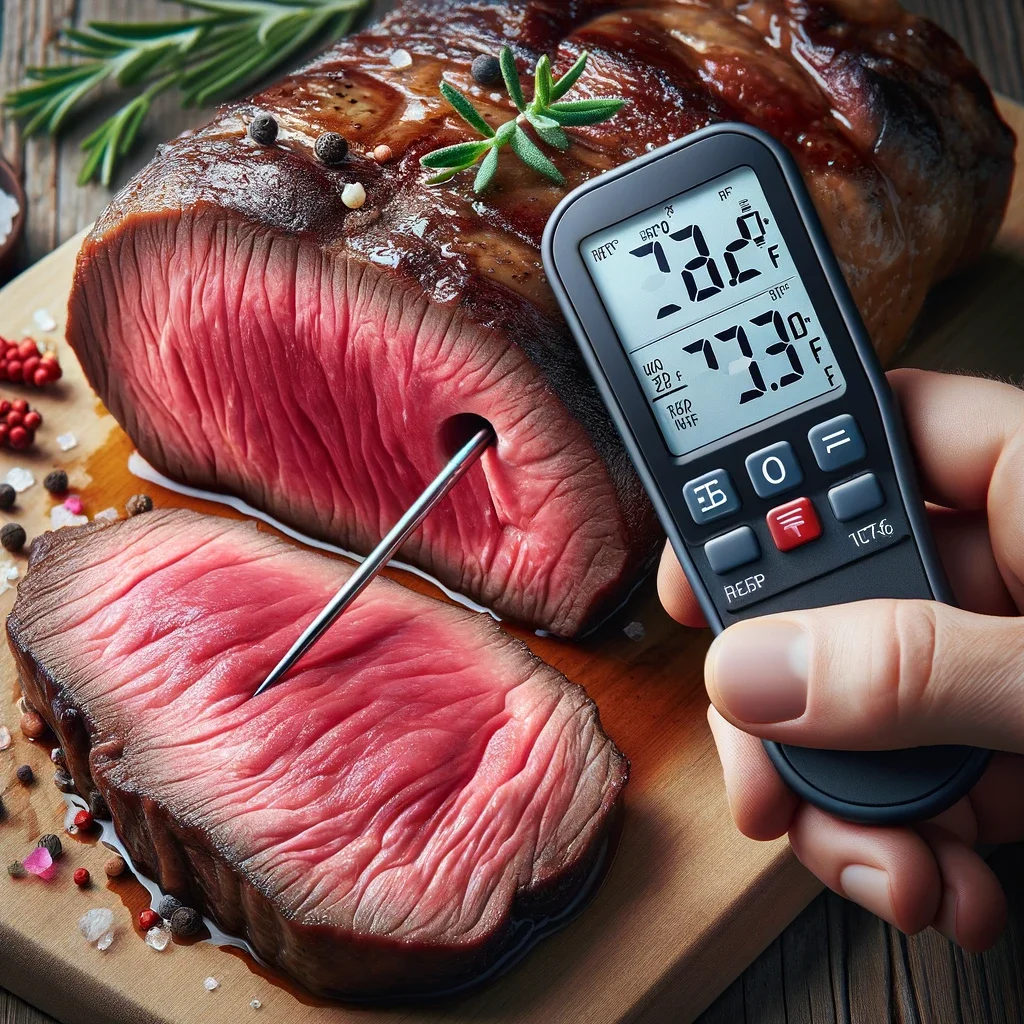 An Image Of A Digital Meat Thermometer Inserted Into A Large Piece Of Meat Showing The Internal Temperature On Its Digital Display. The Meat Is Half