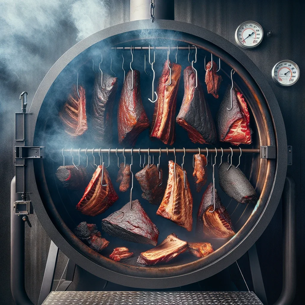 An Image Of A Large Smoke Drum For Grilling With Pieces Of Meat Hanging Inside. The Smoke Drum Is Open Revealing Its Interior Filled With Smoke And