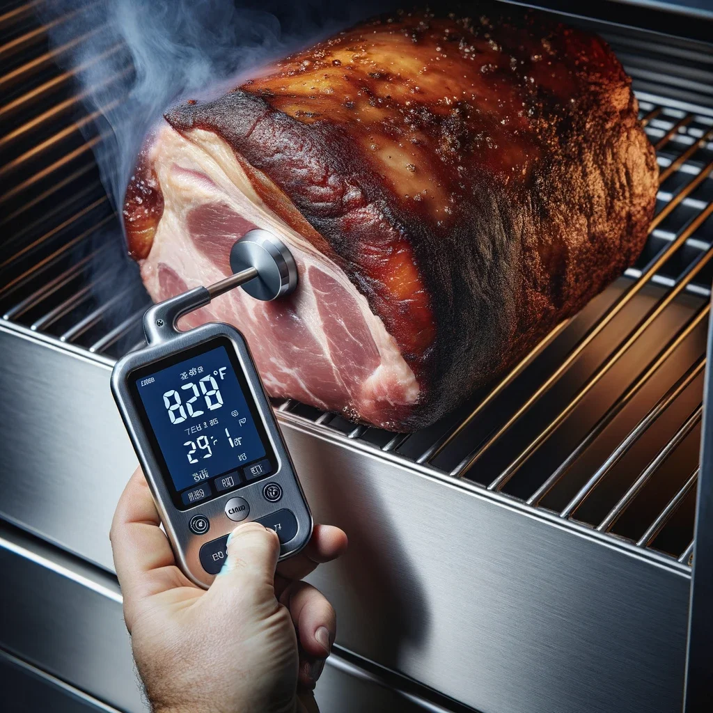 An Image Of A Piece Of Meat Being Smoked In A Smoker. The Meat Has A Digital Probe Inserted Into It With A Display Showing The Current Temperature. T