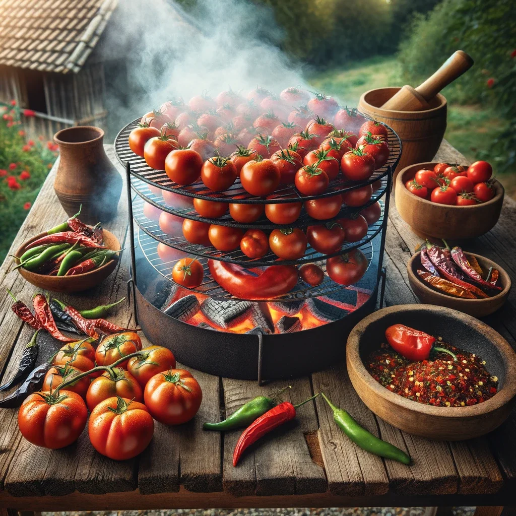 An Image Of Ripe Tomatoes And Fresh Chilies Being Smoked Over A Grill For Making A Tasty Homemade Salsa. The Tomatoes And Chilies Are Placed On A Smok