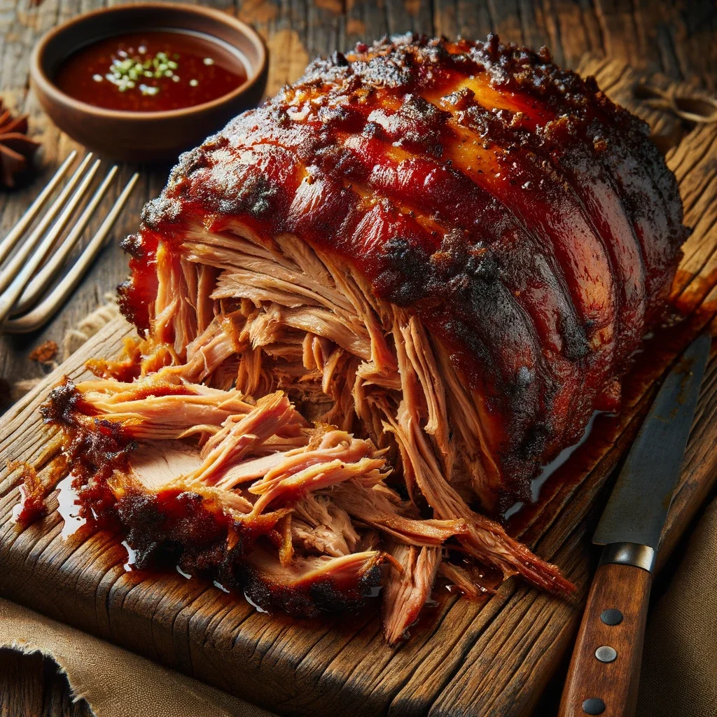 An Image Of Succulent Pulled Pork With A Gooey And Delicious Bark. The Pork Shoulder Is Cooked To Perfection With A Dark Crispy Outer Layer And A Mo